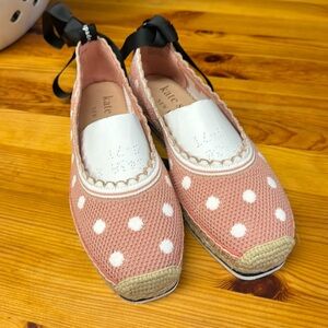 NEW Kate Spade Ballet Flats Knit Polka Dot Pink and White 8.5 Ankle Lace